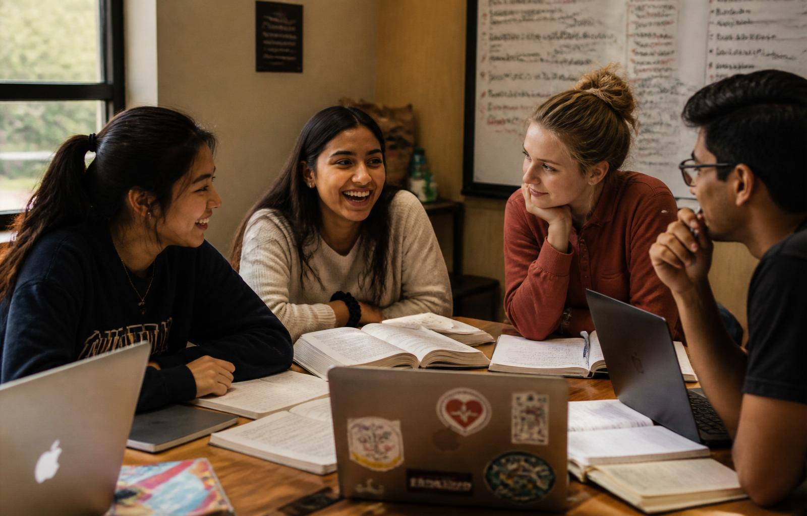 A group of premed students studying and laughing together around a table